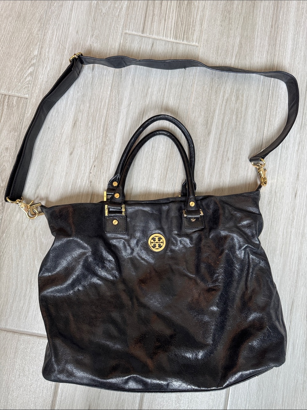 Tory Burch Black Leather Tote with Gold Logo Hardware